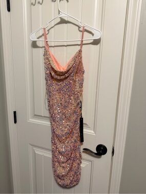 Mad for Love Sequin Pink/Gold Cowl Neck Slip Dress